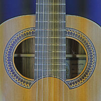 Hein Gitarrenbau luthier guitar shape after Santos Hernandez (1924) and double soundhole after Francisco Simplicio (1930), cedar, zebrano, scale 65 cm, year 2020, double soundhole, rosette, label