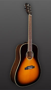 You&grave;s, sunburst lackierte Akustikgitarre in Round Shoulder Dreadnought Form mit massiver Thermo-Fichtendecke und Zargen und Boden aus massivem Mahagoni